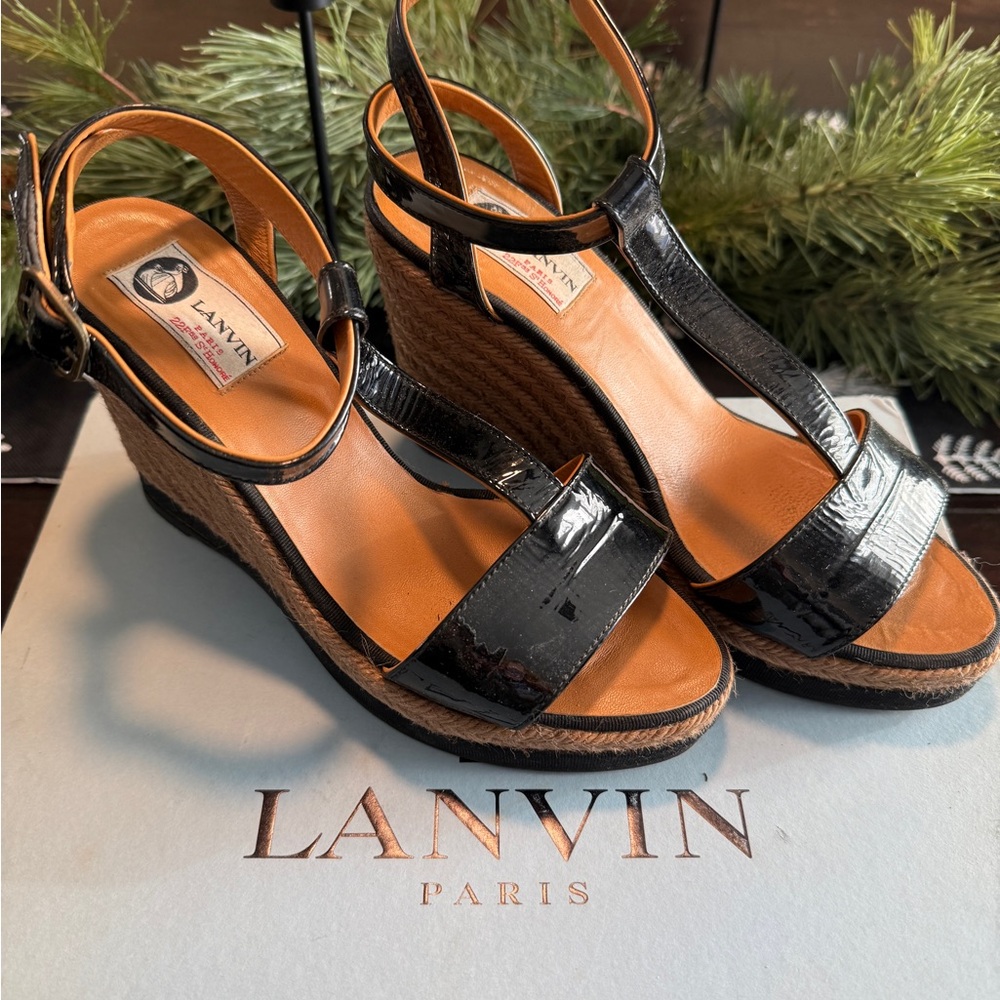 Lanvin Glossy Black Wedge Sandals